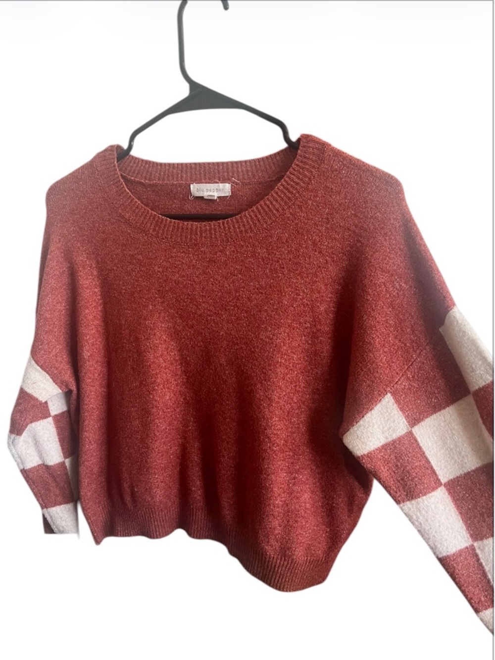 Blu Pepper Rust Crewneck Sweater with Cream Checkerboard Sleeves